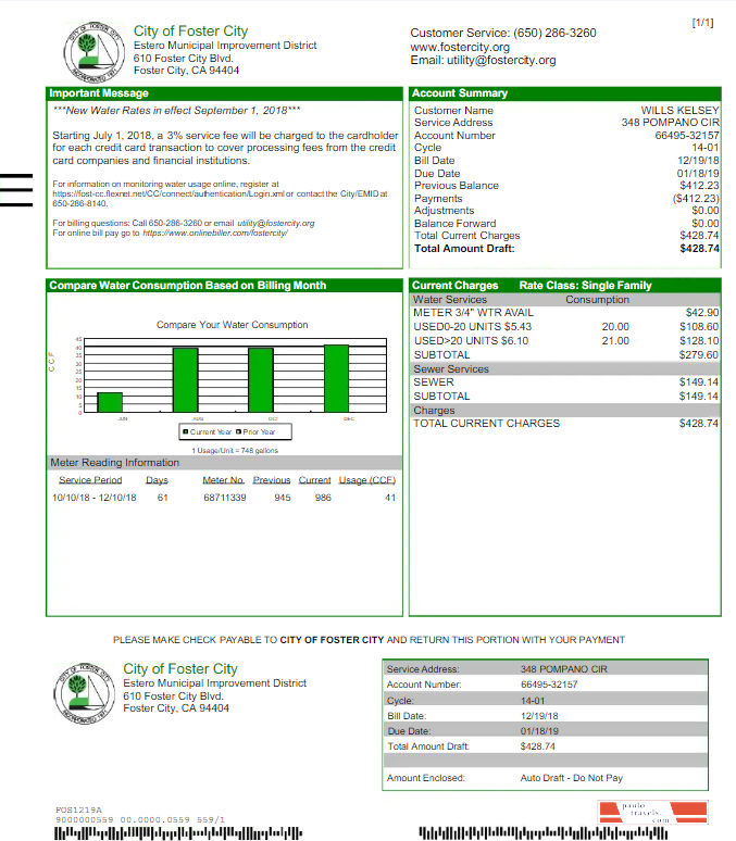 USA CITY OF FOSTER CITY utility bill Word and PDF template